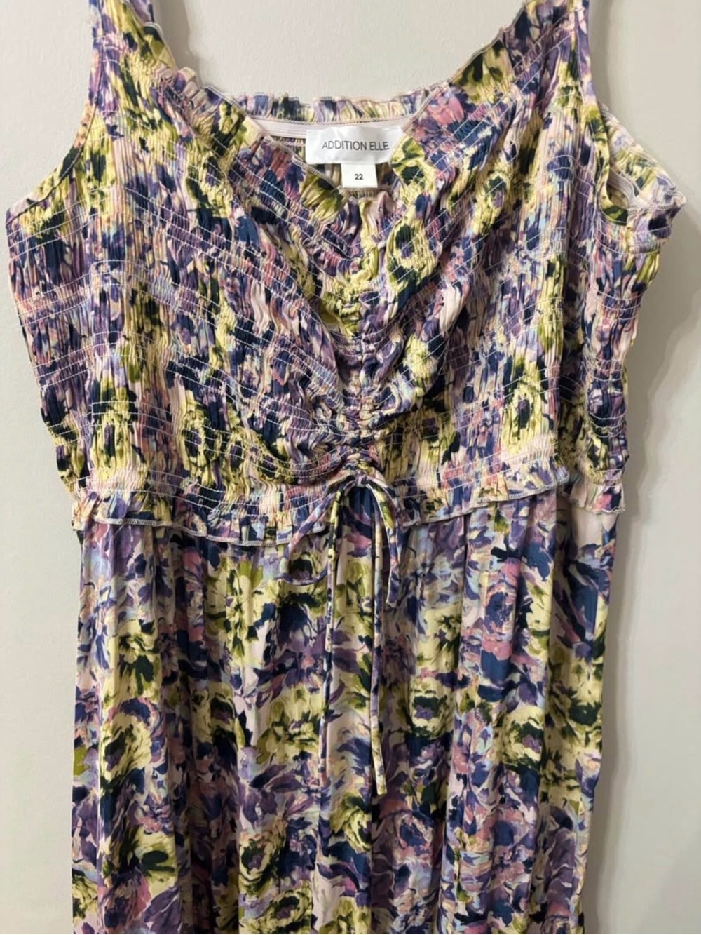 Addition Elle Floral Shirred Maxi Dress in Purple and Yellow - Picture 3 of 4